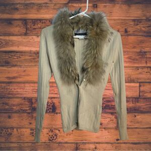 Wayne Rogers Cream Silk Cashmere Cardigan with Genuine Fur Trim Small